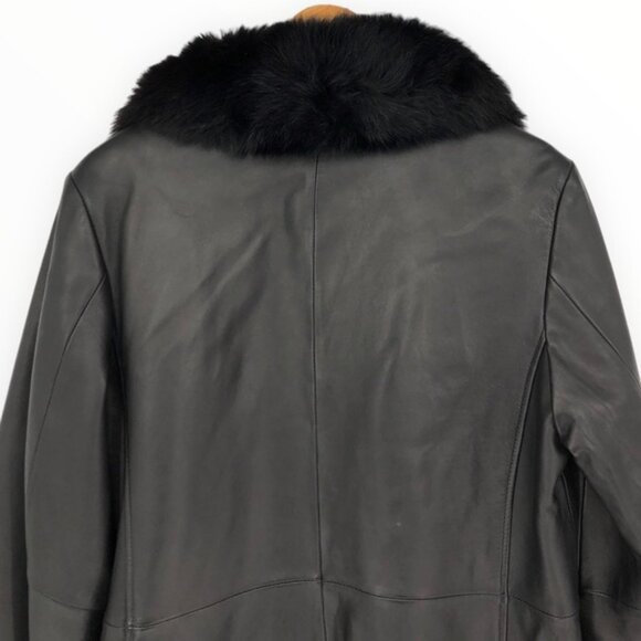 90’s Vintage Black Lambskin Leather Blue Fox Fur Collar Trim Jacket - Picture 6 of 14
